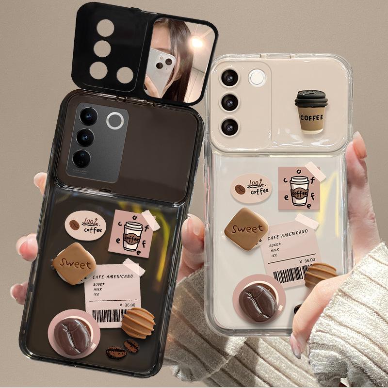 

Applicable To Vivos16 Mobile Phone Case X80/90pro Coffee Bean Three-dimensional Doll Pendant Y52s/77 Flip Mirror vivo Y76s