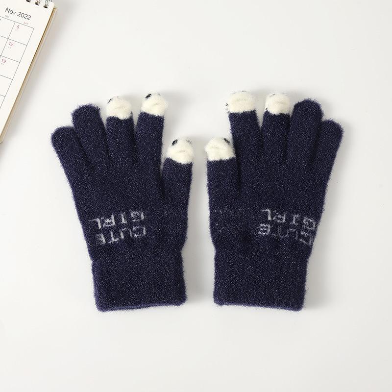Winter Cartoon Cute Parent Child Gloves Riding Knitted Warm and Cold Baby Leaking Finger Gloves Yarn Thickened Gloves