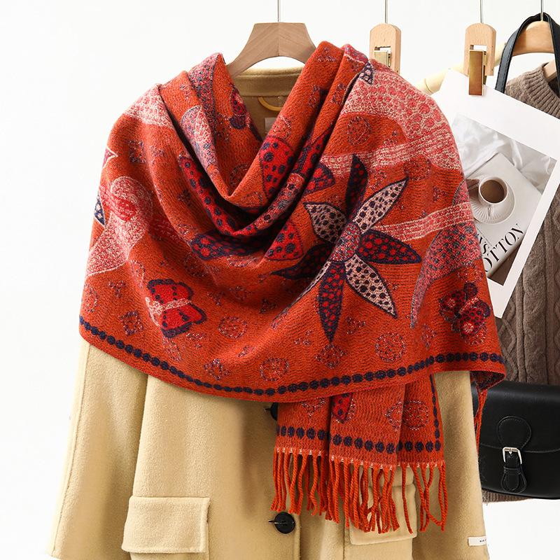 Jacquard Scarf Shawl with Decorative Imitation Cashmere Scarf for Women Winter High End New Style Thickened Ethnic Style Shawl