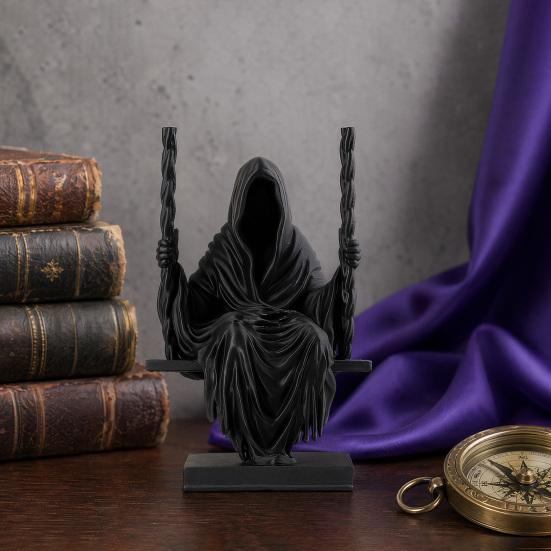 DYS 3D-gedruckte sitzende Sensenmann-Statue, gesichtsloser Mann in schwarzem Gewand auf Schaukel-Figur, gotische Kapuze Skulptur Ornament, dunkler Stil Figur Dekoration