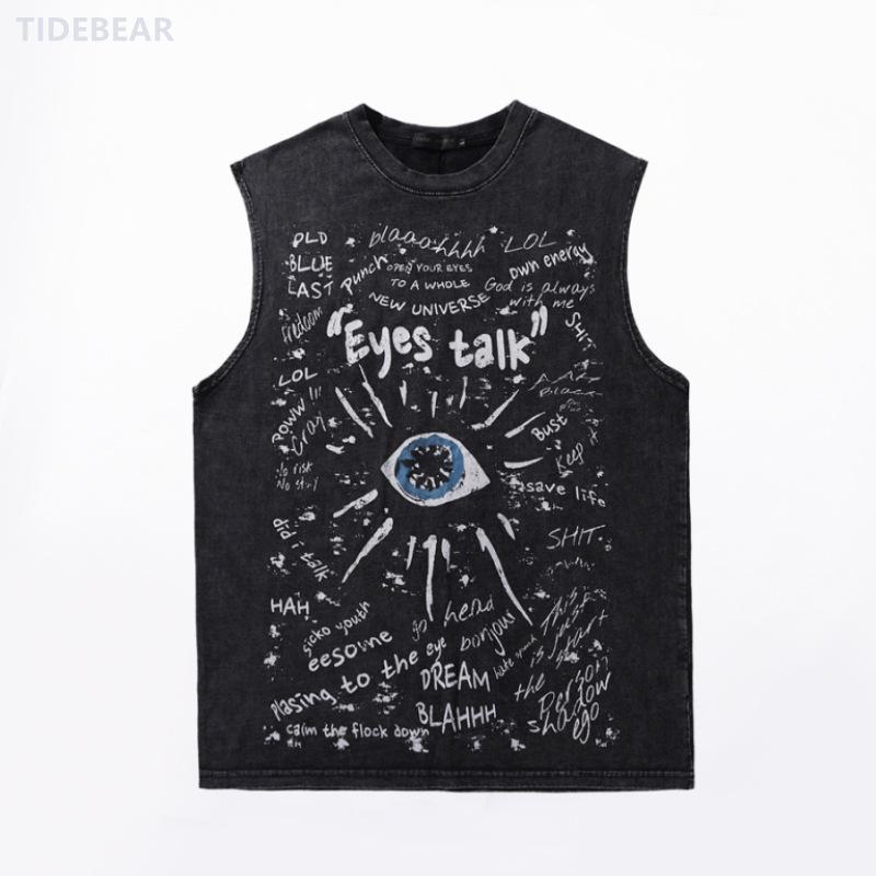

European & American Retro Distressed One-Eyed Print Sleeveless Vest - Washed Black High Street Casual Men s T-Shirt Medium