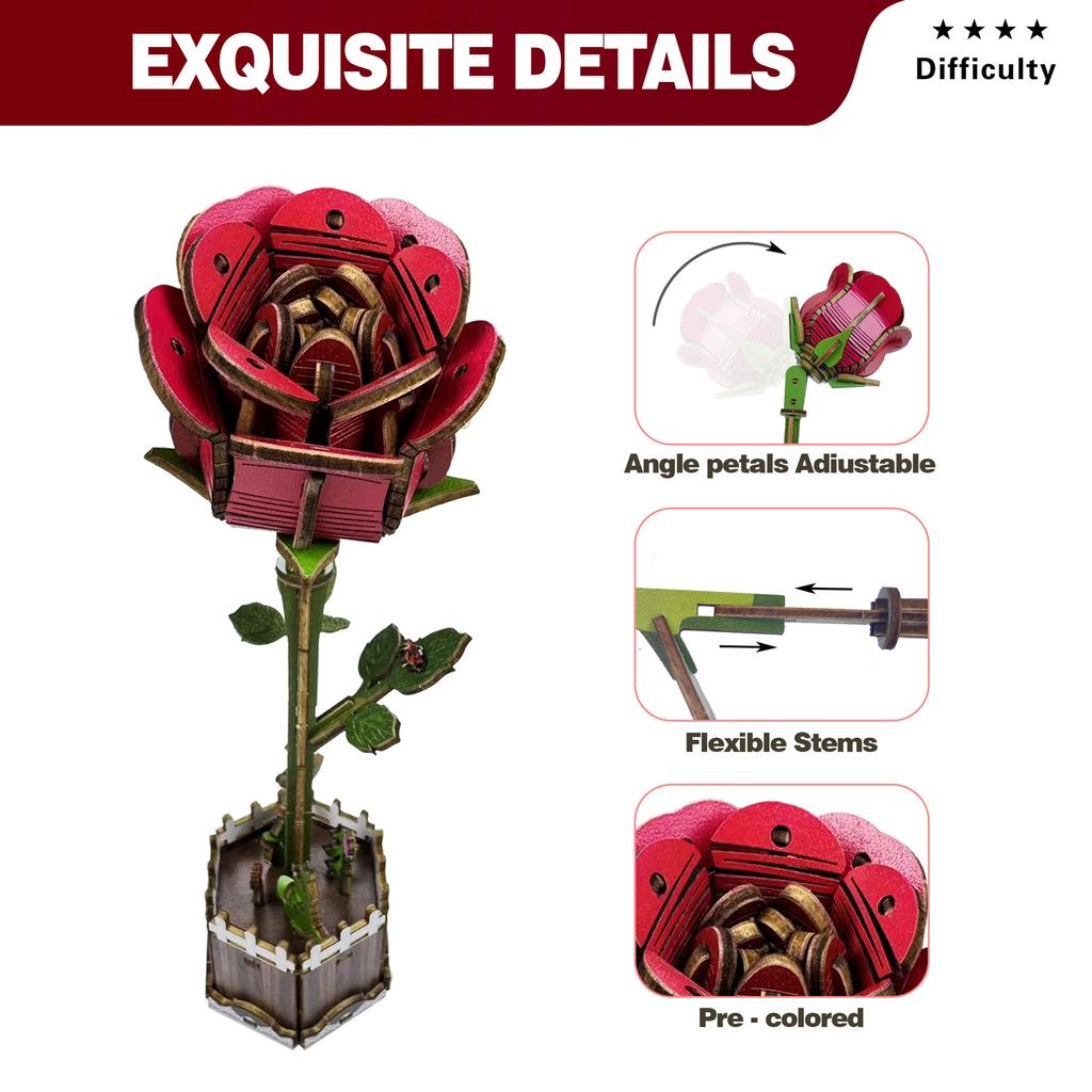 Wacocetoy Cross-Border Red Rose Puzzle 3D Wooden Diy Coloring Toy 2-In-1 Set Ornament Puzzle