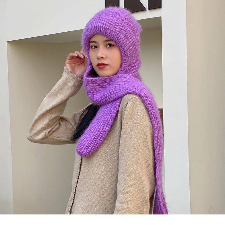 New women's autumn and winter hat, thickened squirrel fleece three-in-one hat, outdoor cold-proof and windproof hat and scarf combo