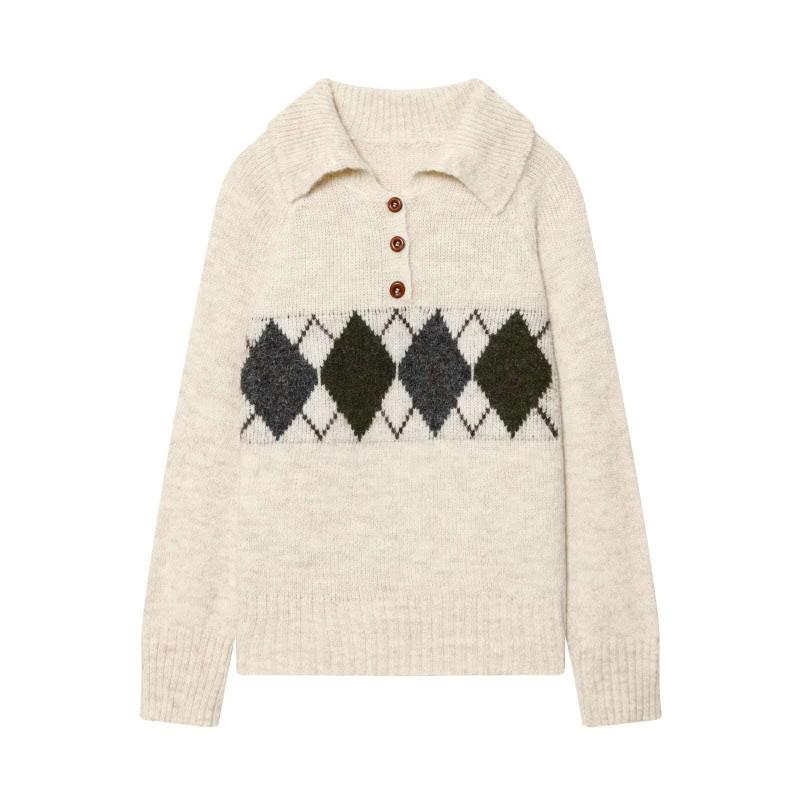 Womens Classic Argyle Collar Knit Sweater Regular Fit Long Sleeve Neutral Tones Office Casual Wear
