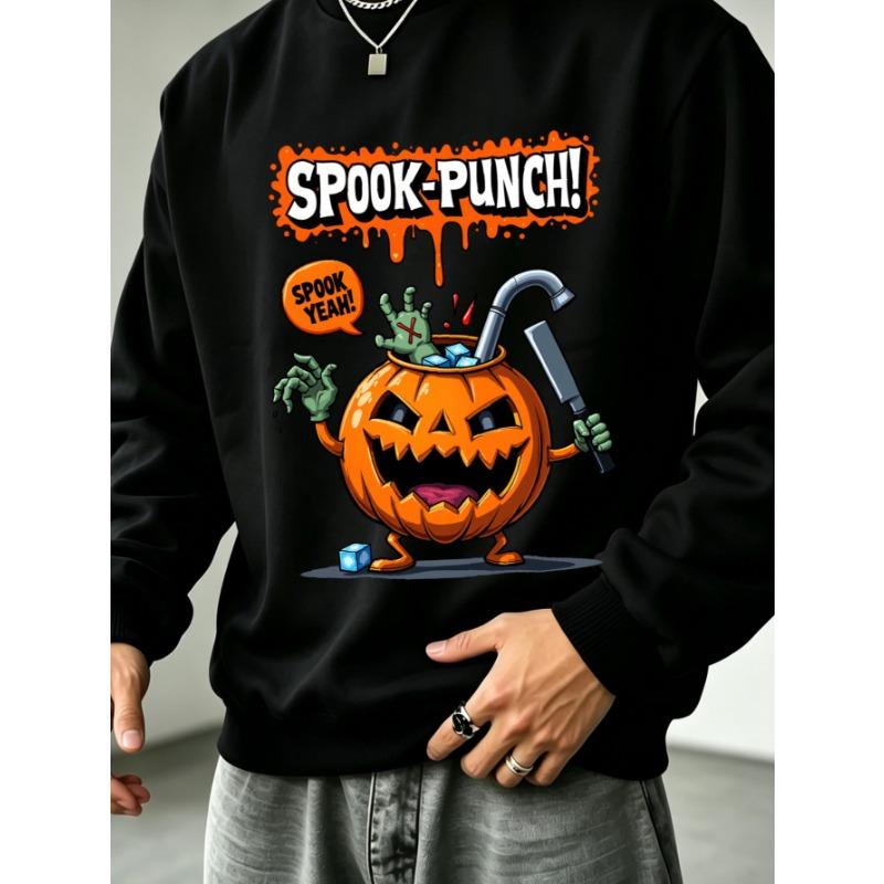 Men's Graphic Print Crew Neck Sweatshirt With Spook Punch Zombie Hand Pumpkin Halloween, Loose Fit Streetwear.