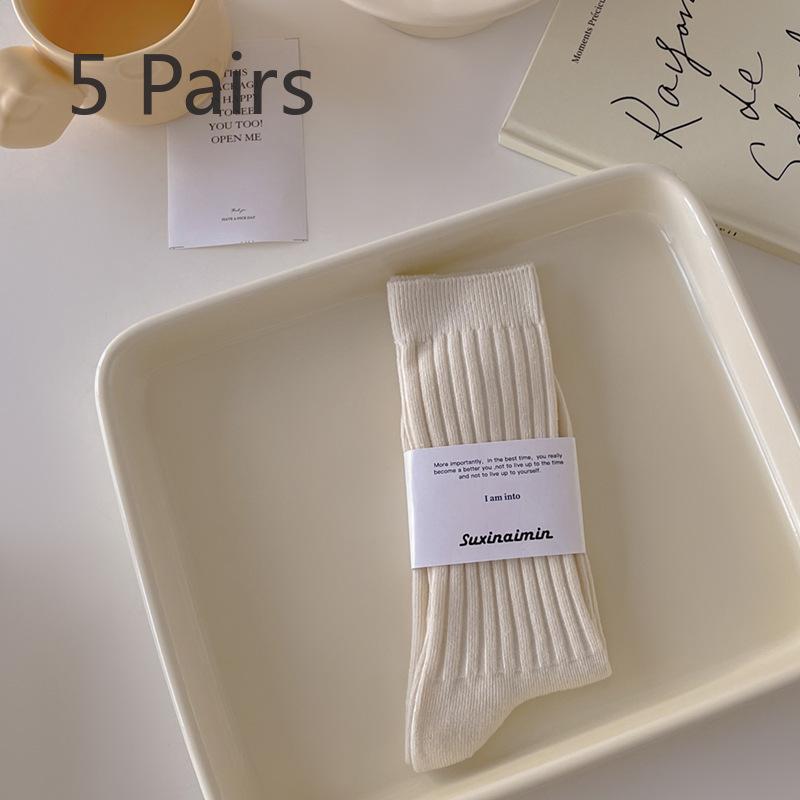 5 Pairs of Women's Spring and Autumn Trend 100 Match Sweat Absorption Solid Color Vertical Striped Mid Tube Socks