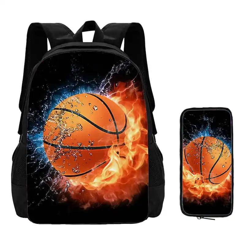 2Pcs Set Basketball Prints School Backpack with Pencil Bags for Kindergarten Cartoon Sports School Bags for BoysKids Backpack