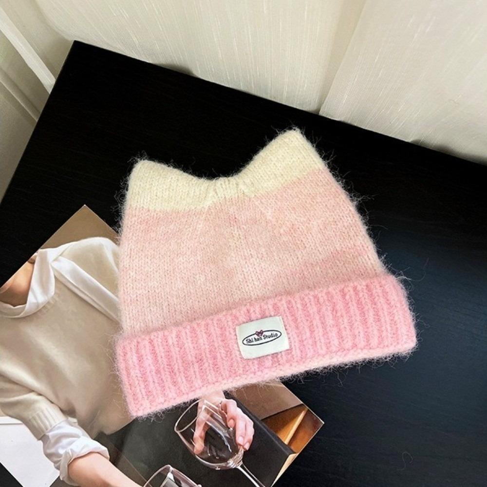 New Gradual Change Color Knitted Hat Yarn Warm Winter Hat Cat Ears Shape Cute Beanie Hat Women