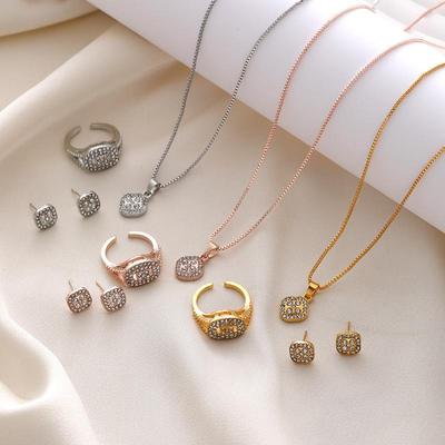 Light Luxury Diamond Geometric Necklace Ring Earrings 3-piece Set Stylish Simple Versatile Necklace Set