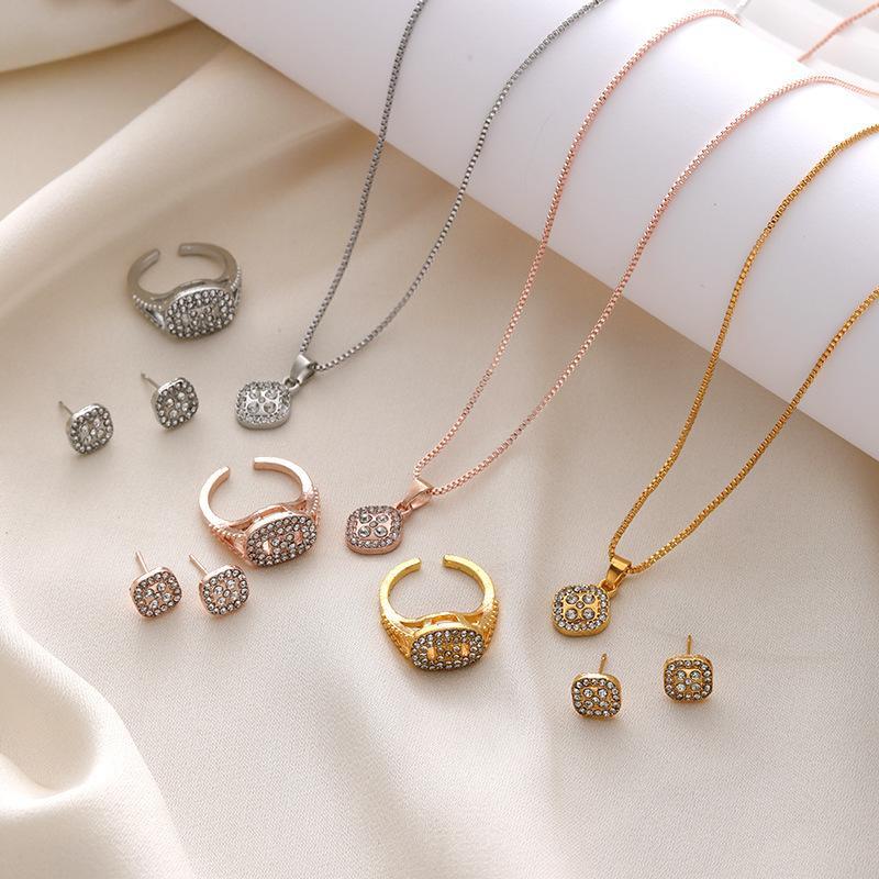 Light Luxury Diamond Geometric Necklace Ring Earrings 3-piece Set Stylish Simple Versatile Necklace Set