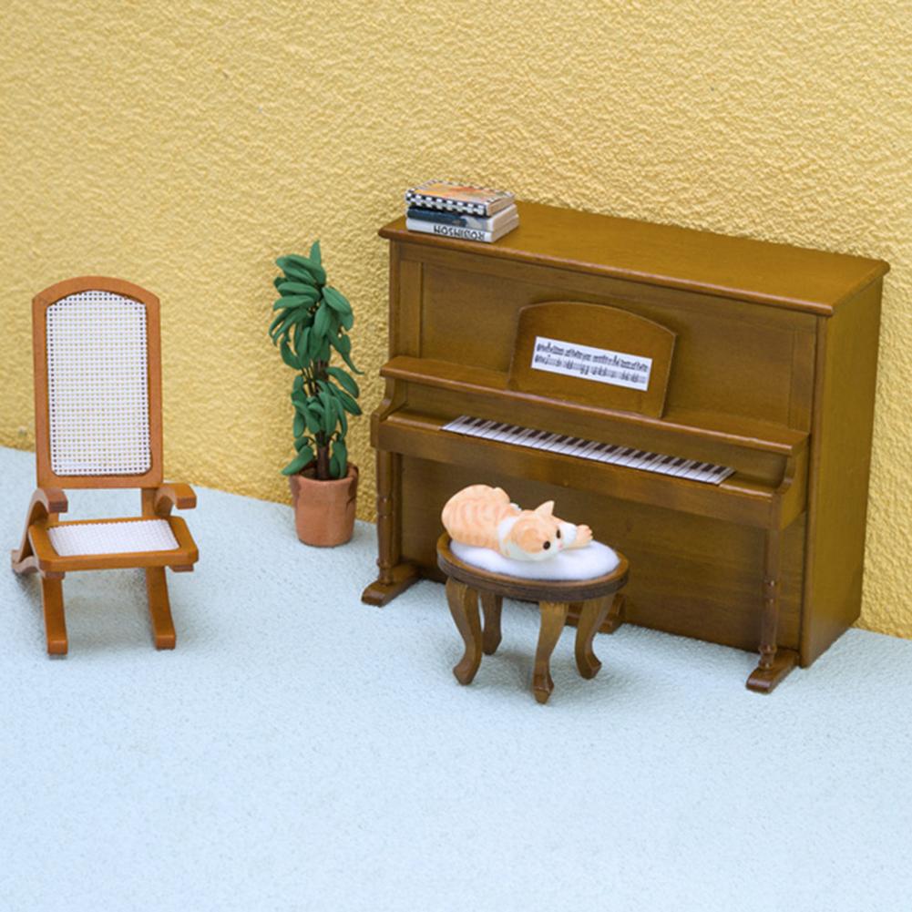 1/12 Dollhouse Mini Piano With Stool Musical Instrument Model For Doll House Accessories Decor Miniature Retro Piano Set