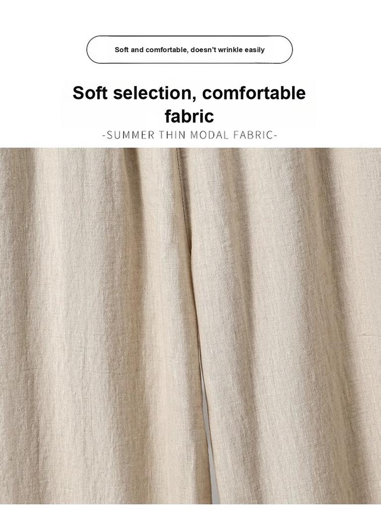 Cotton Linen Wide Leg Pants Women Spring Summer Bohemian High Waist Plus Size Linen Nine-Point Pants Drawstring Straight Leg Thin Casual Pants
