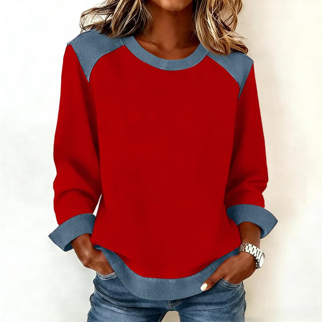 Women Denim Collar Patchwork Stitching Sweatshirt Casual  Pullover Long Sleeve Shirts