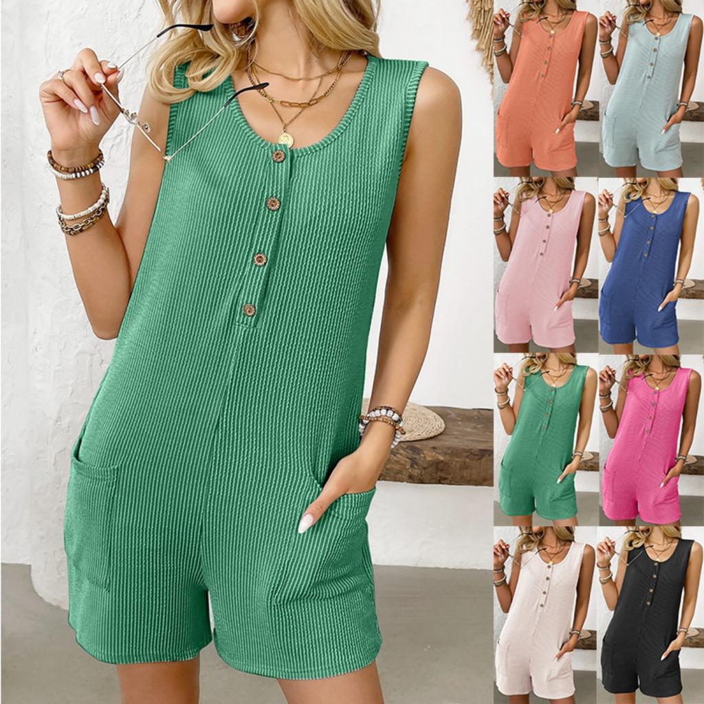 Sommer Damen Knopfleiste Lässiger Cami Romper mit Shorts für die Freizeit