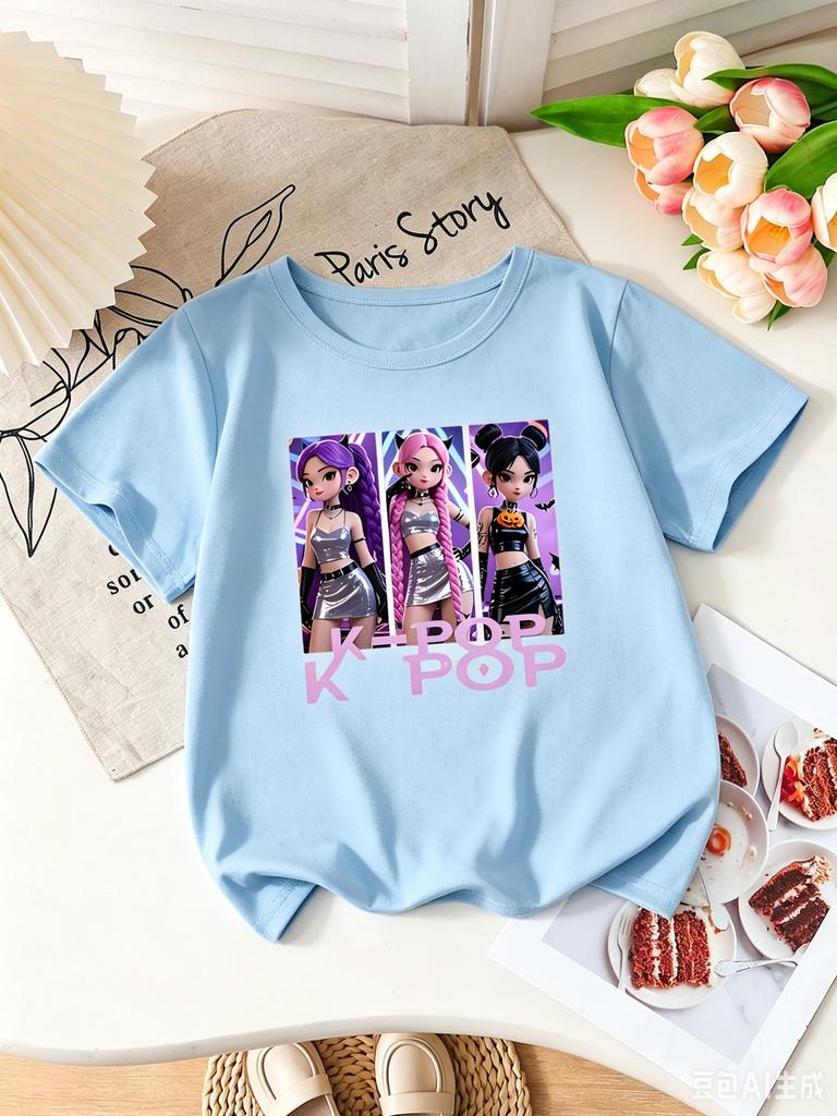 Girls K-POP Halloween Demon Idol Print Short Sleeve T-Shirt Cute Cartoon Graphic Tee Kids Summer Casual Top