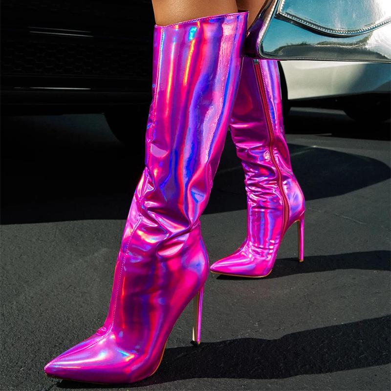 Fashion Street Style Pointed Toe Women Knee-High Boots Mirror Patent Leather Strippers Sexy Runway Party Stiletto High Heel Shoes
