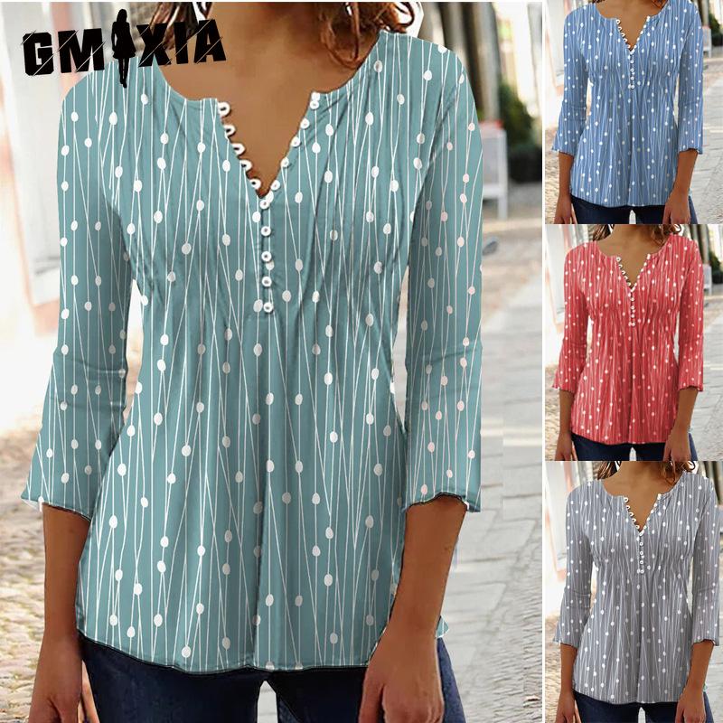 GMXIA Spring V-neck Printed Long-sleeved Shirt Base Layer Top Women's Wear