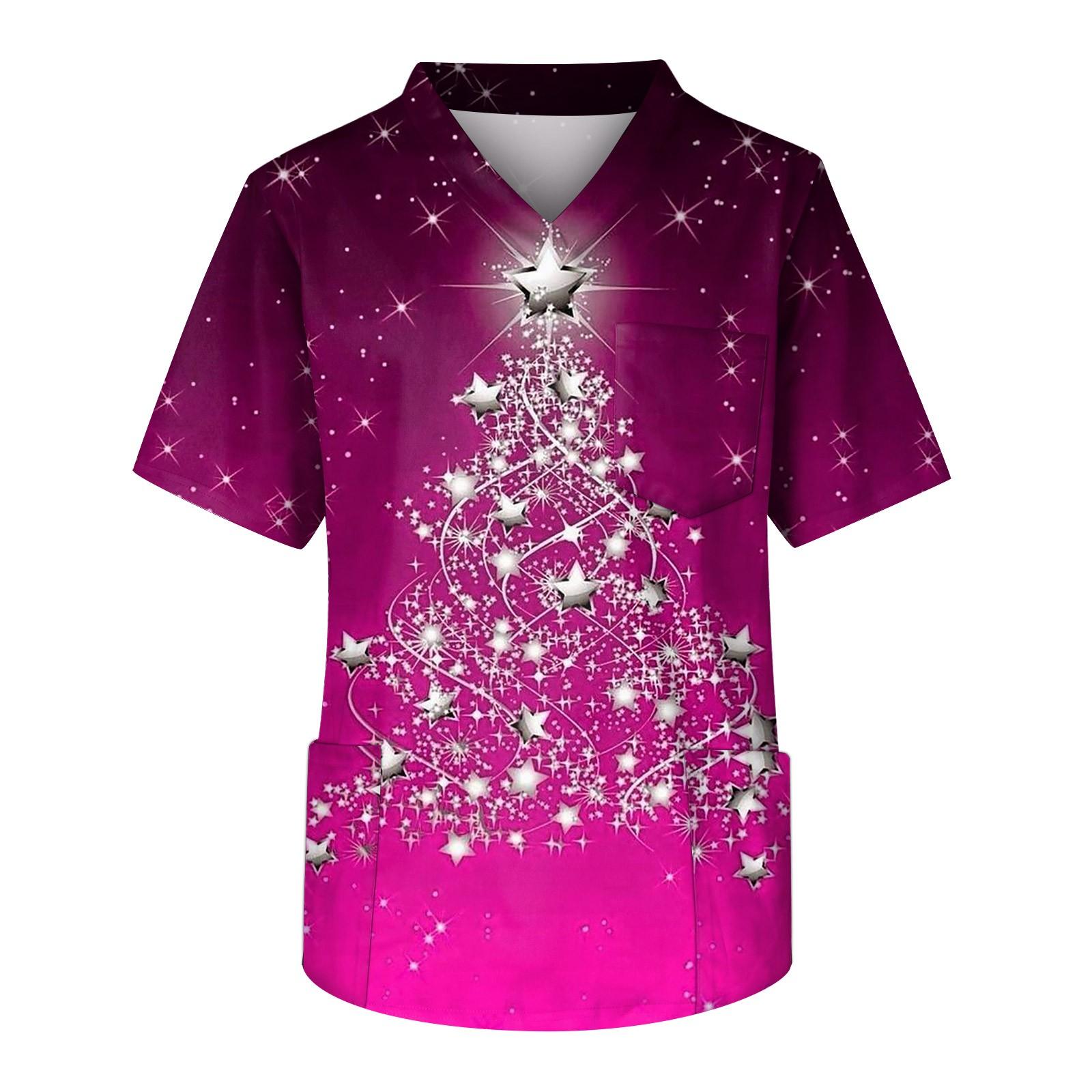 Модный мужской короткий рукав V-образный вырез рождественский принт рабочий нагрудный карман Carer Top S фиолетовый 1539₽
