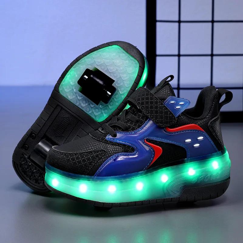 Inline Skate Shoes Pulley Shoes LED Sneaker with 2 Wheels Double Wheel Skate Shoes 2 in 1 Removable Pulley Skate Skating Parkour