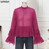 VONDA Blusa casual da donna con scollo rotondo, maniche lunghe, in rete e pizzo, trasparente, con balze