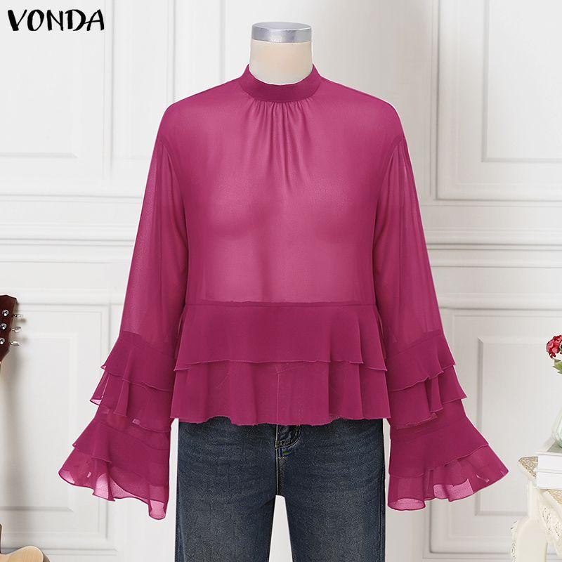 VONDA Blusa casual da donna con scollo rotondo, maniche lunghe, in rete e pizzo, trasparente, con balze
