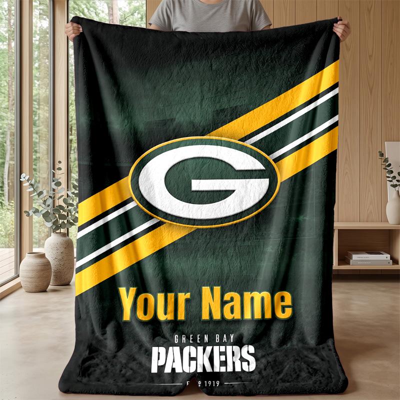 Green Bay Packers Custom Flannel Throw Blanket Print Your Name Text Soft Warm Blanket Holiday Present