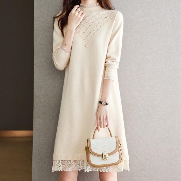 Lace Knitted Dress for Women In Autumn and Winter Large-sized Half Turtleneck Knitted Sweater Loose Mid-length Sweater Dress