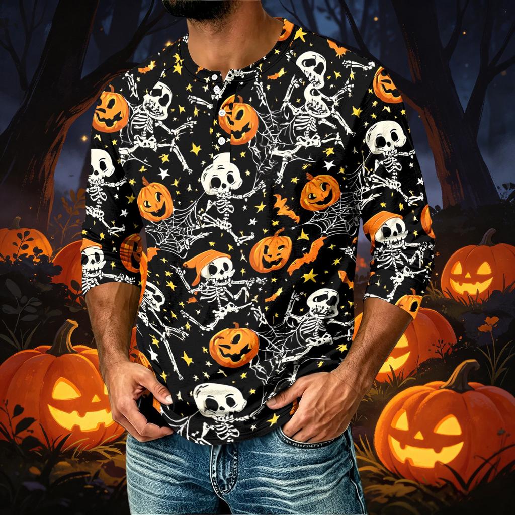 Men's Casual Shirt with Raglan Three-Quarter Sleeve, Halloween Graphic Print
