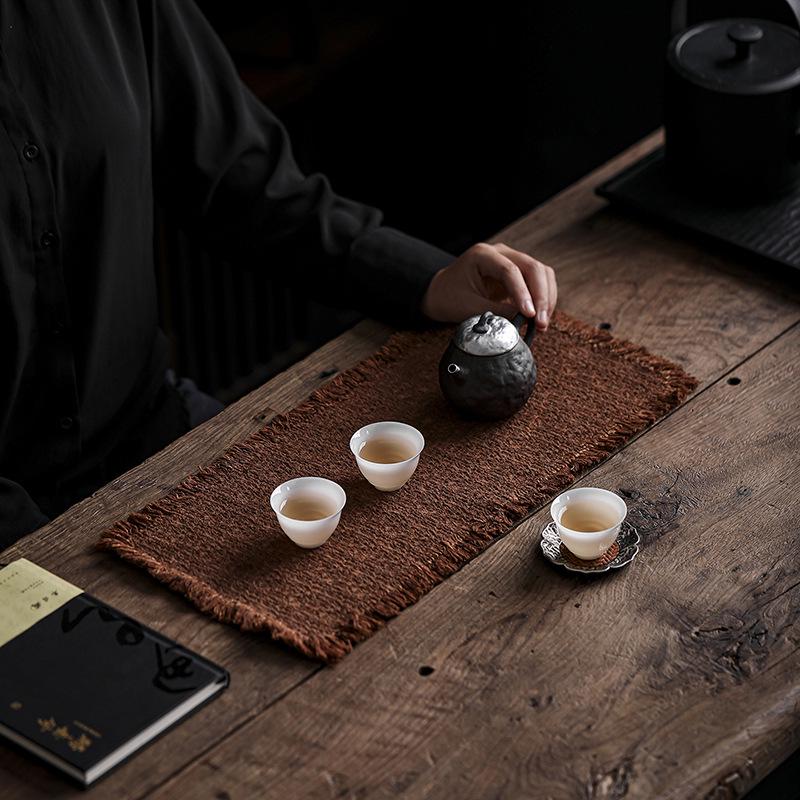 

Persimmon-Dyed Rustic Tea Ceremony Tassel Table Runner & Coaster Set 28x14cm
