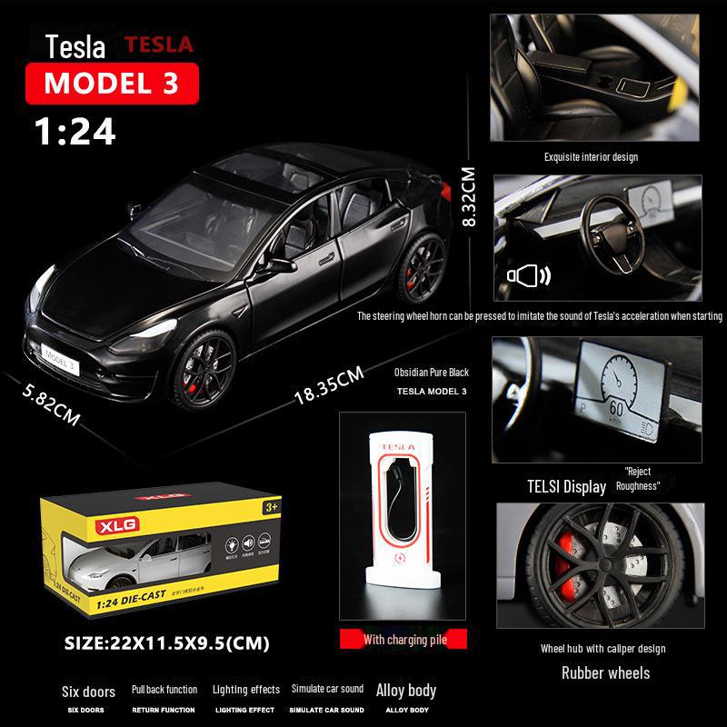 1:24 Tesla Model 3 Alloy Toy Car with Sound, Light, and Openable Doors