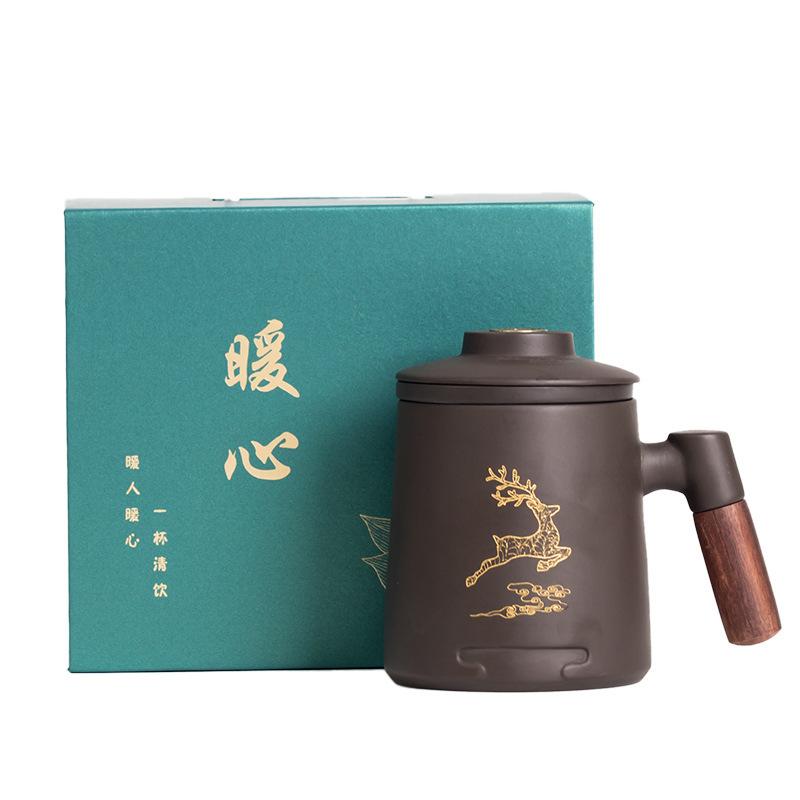 High-Grade Yixing Raw Ore Purple Sand Office Cup Purple Sand Wooden Handle Cup Gift Box Packaging Custom Engraving Gift Cup