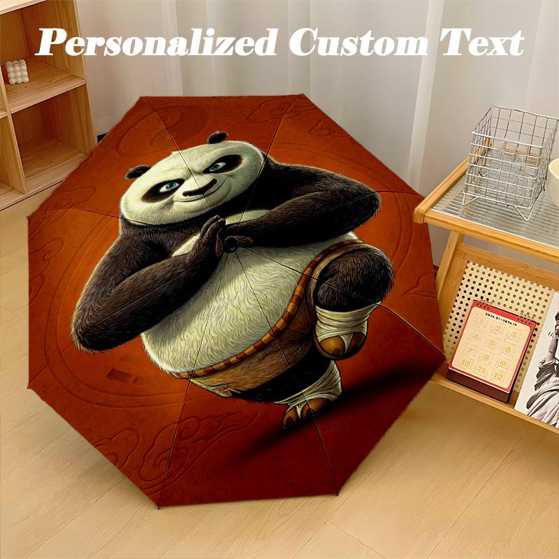 8‑Rib Automatic Umbrella, Kung Fu Panda Design Foldable Umbrella for Sun Rain Protection Travel