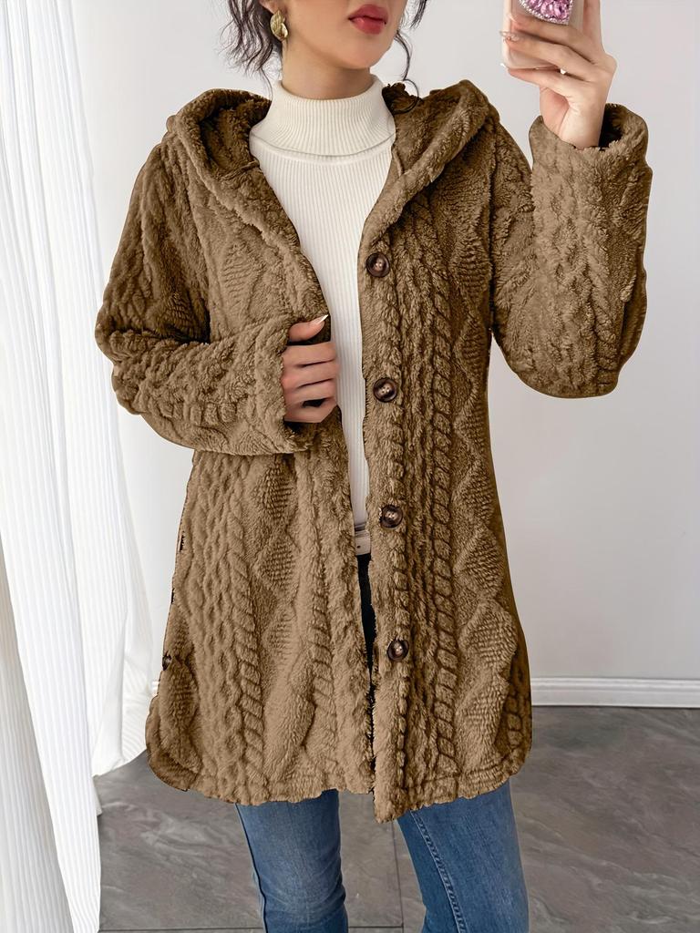 2025 Autumn/Winter Women's Warm Plush Hooded Cardigan - Button-Up Solid Color Coat
