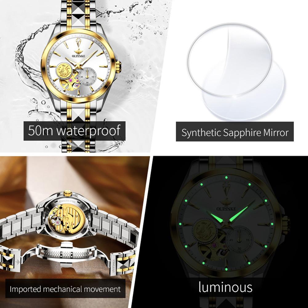OUPINKE 3260 Watch For Women Real Diamond Waterproof Luxury Business Mechanical Hand Clock Hollow Luminous Elegant Woman Watches
