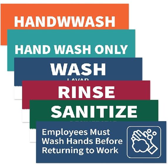 Pack 6 Pcs Hand Wash Stickers for Restaurant Commercial Kitchen Food Truck Bussing Station Wash Station Must Haves Removable Decals Waterproof