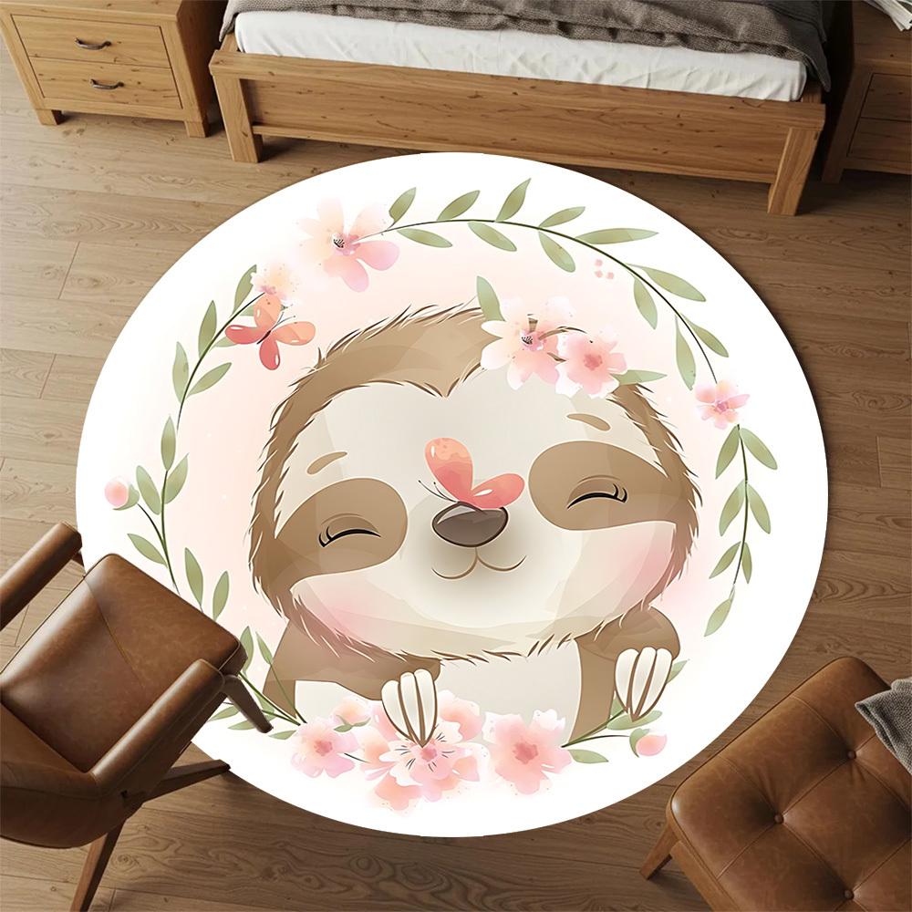 1pc Sloth Flowers Round Chair Mat Area Rug - Non-Slip, Floor Mat for Office, Bedroom, and Indoor Decor C1125618