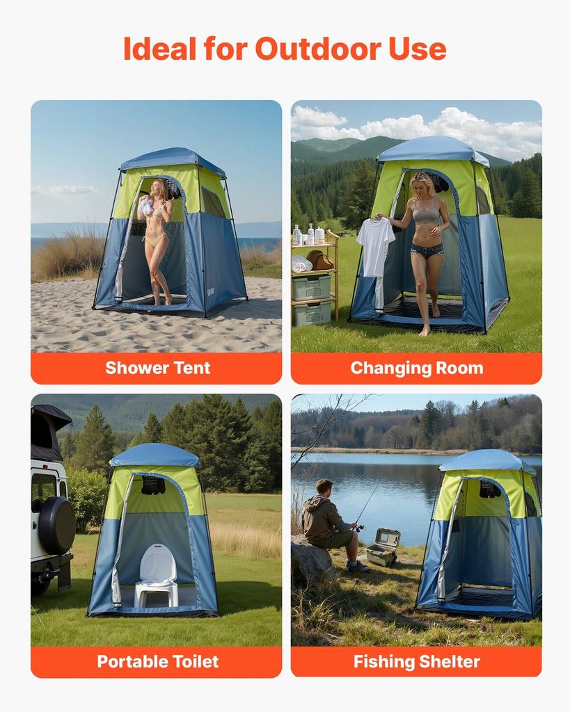 Camping Shower Tent, 1 Room, Portable Privacy Tent Changing Room with Shower Bag, Ground Stakes, Ropes, Carry Bag, and Support Poles, 150D Oxford