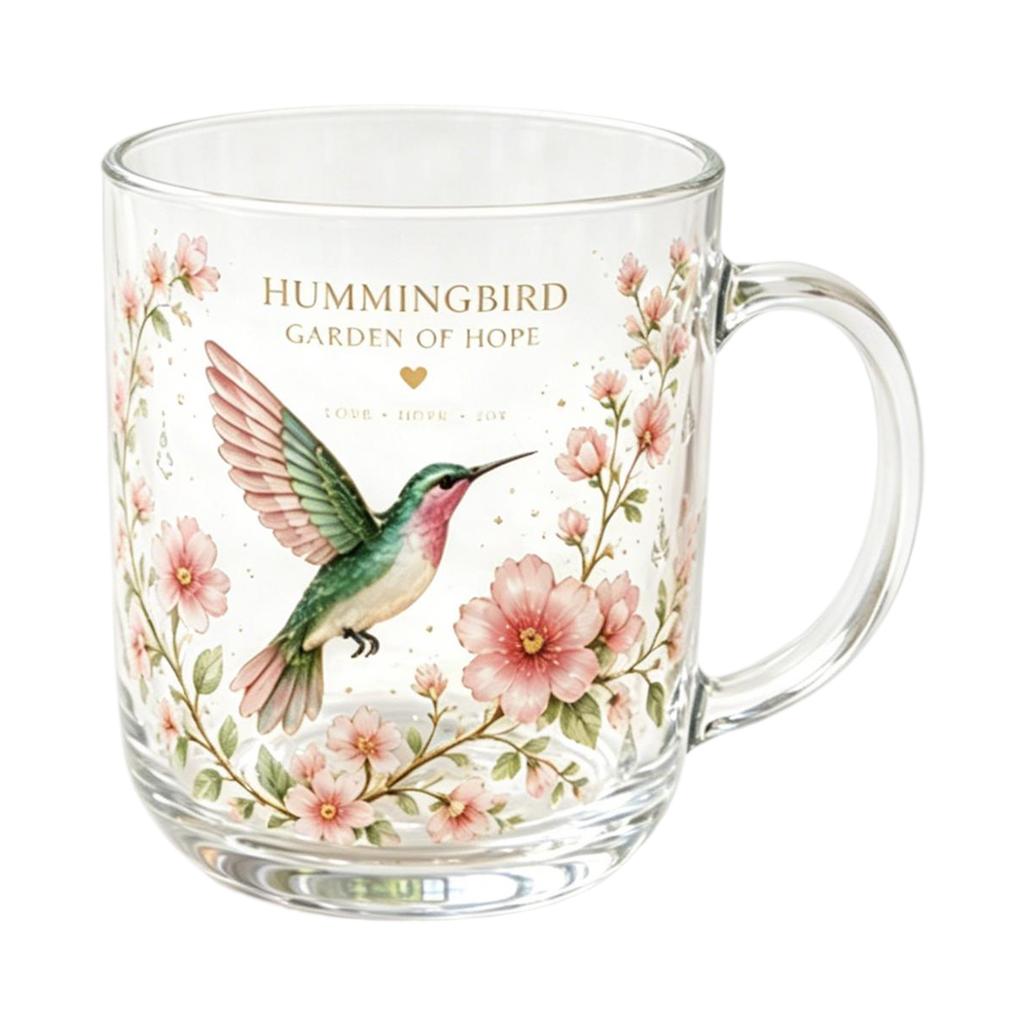 Glass Mug with Hummingbird Garden of Hope Floral Print Transparent Thickened Cup for Hot and Cold Drinks Tea Coffee