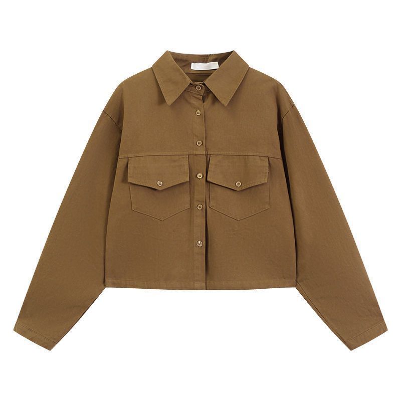 Women's Spring and Autumn Jacket Designer Style Hong Kong-Inspired Retro Long Sleeve Short Solid Color Shirt Top