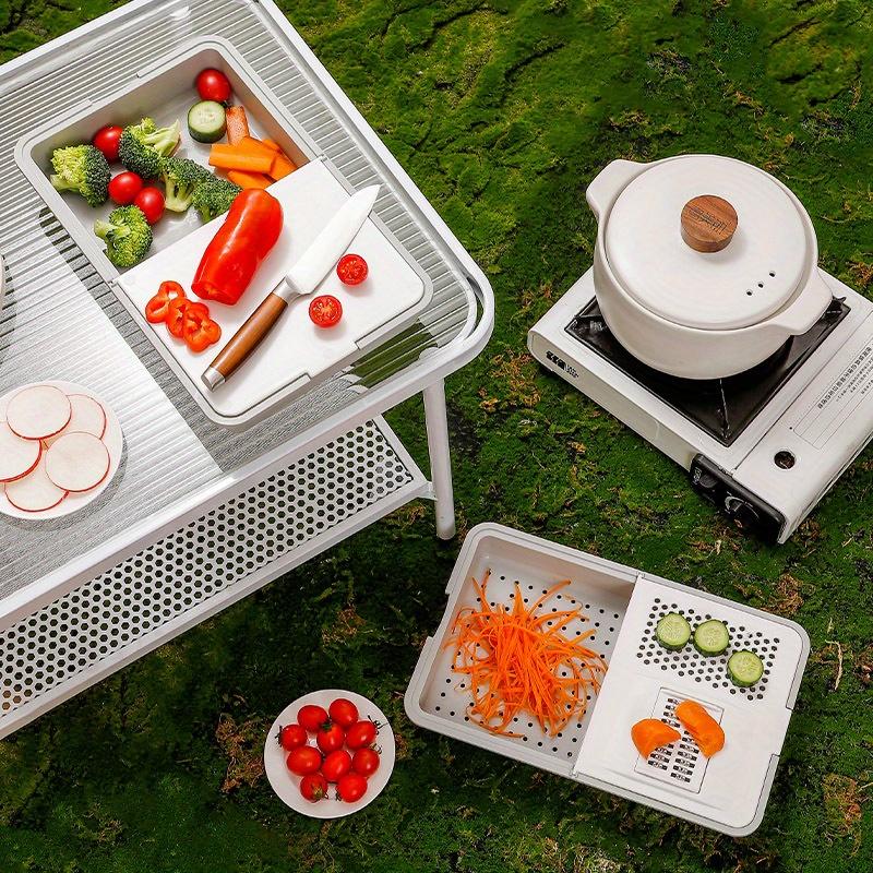 6 in 1 Multi Functional Kitchen Cutting Board with Stainless Steel Slicer, Draining Basket , BPA Free Plastic, Dishwasher Safe, Non-Slip Base