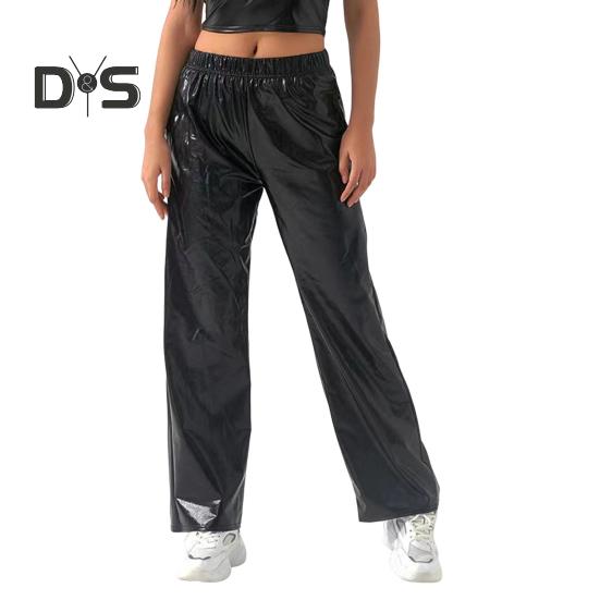 

Женские и мужские повседневные брюки средней посадки с эластичной резинкой на талии, прямые длинные брюки из искусственной кожи, свободные брюки S чёрный