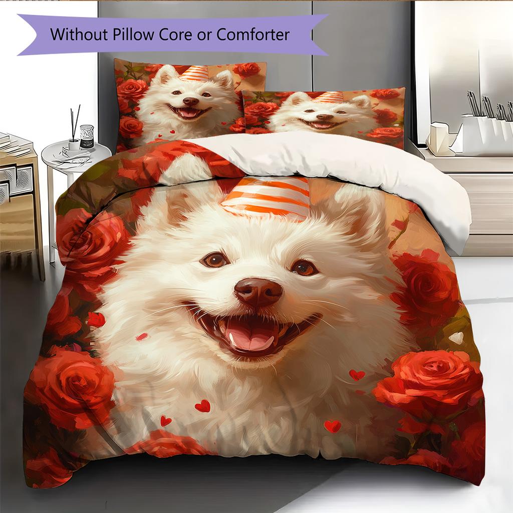 Rose Dog Pattern Bedding Quilt Set Home Decoration Gift (1 * duvet cover + 2 * pillowcase without core)