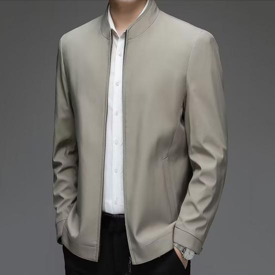 Men Jacket Lapel Long Sleeve Zipper Placket Middle-aged Coat with Side Pockets Solid Color Casual Jacket Outwear