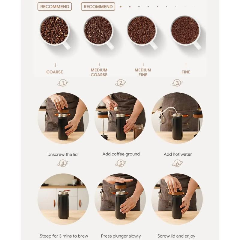 Cafeteira Prensa Francesa Portátil 2 em 1 de 12 oz para Viagem Acampamento Aço Inoxidável Caneca Térmica Isolada a Vácuo para Café Chá