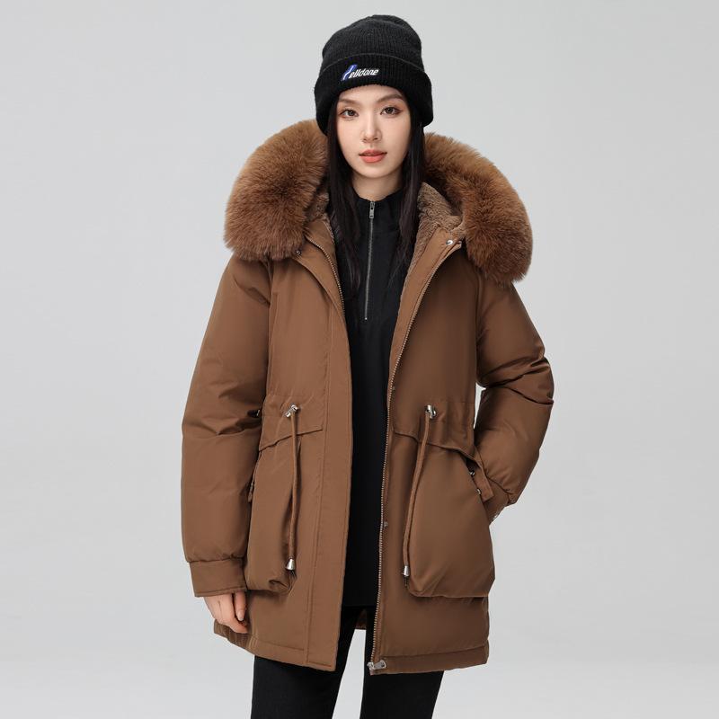 Pie overcome women's winter new waist and thin hooded big fur collar plush thickened short jacket padded jacket