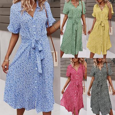 Nyári Virágos Ruha Női Alkalmi Mintás Ruha V-nyakú Midi Ruhák Női Rövid Ujjú Gombos Laza Ruha Ünnepi Strand Vestidos