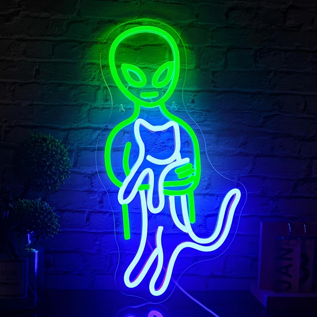 Neon LED Wall Decoration Unique Alien and Cat Neon LED - Adjustable Brightness, USB-powered, Home Decor Wall Decoration