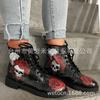 Large Size Lace-Up Martin Boots Children's Short Boots Rose Print Skull Flat Heel Leather Boots
