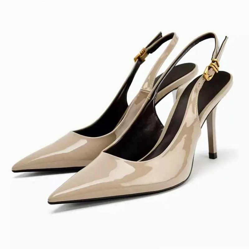 

Fashion Sexy Black Pointed Toe Patent Leather Pumps Women Luxury Metal Ankle Strap Buckle Brand Designer Shoes Cozy Commuter Office Shoe 35 бежевый