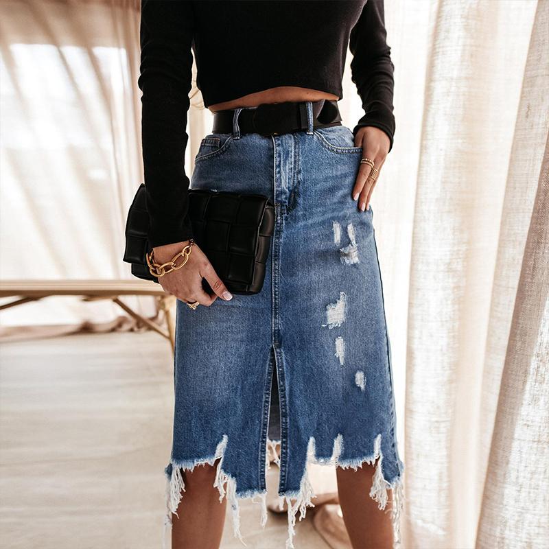 Sommer Damen Jeansrock Temperament Unregelmäßiges Loch Quaste Mittellanger Rock